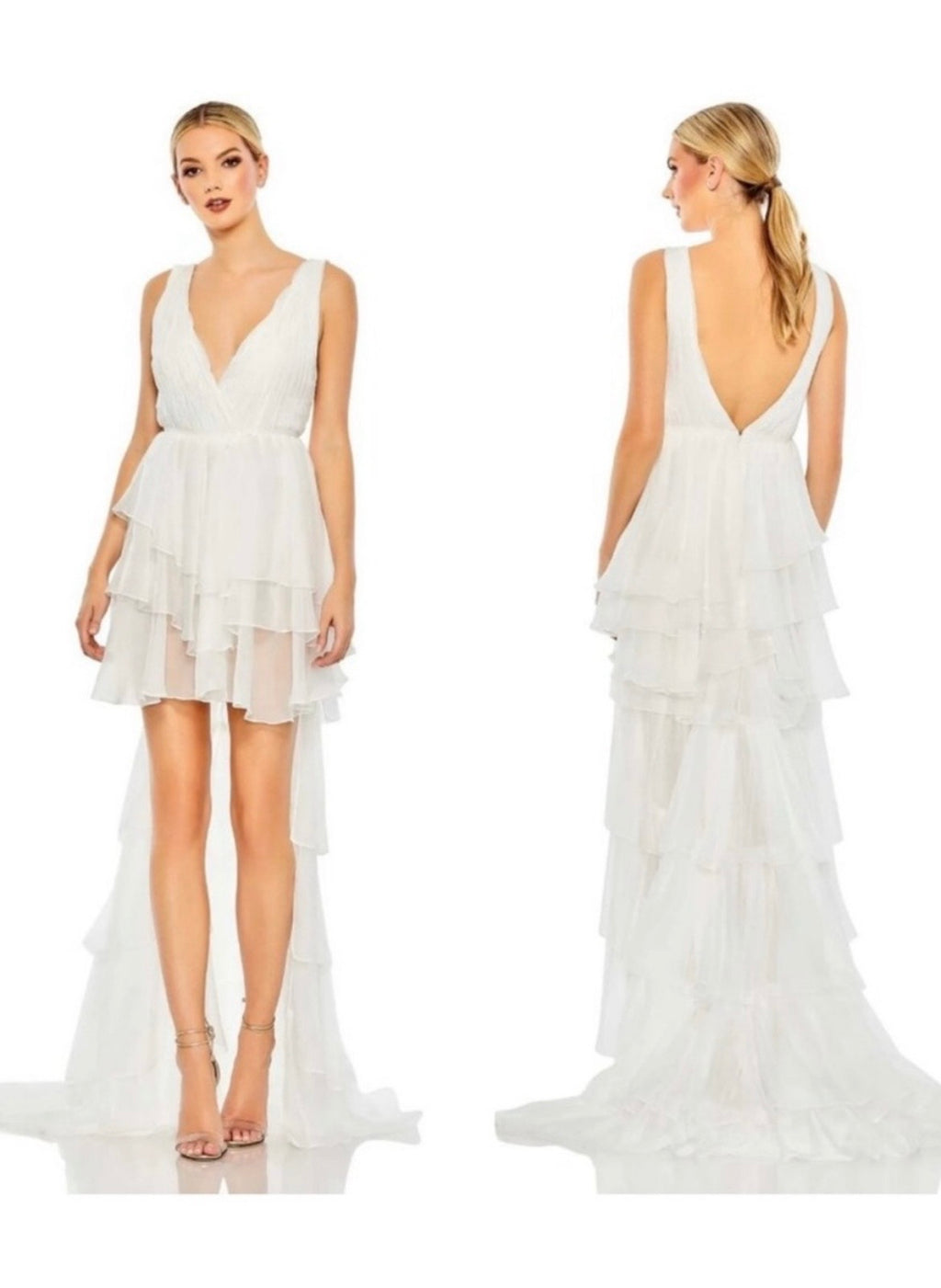 Ieena Mac Duggal High Low Tiered White Gown