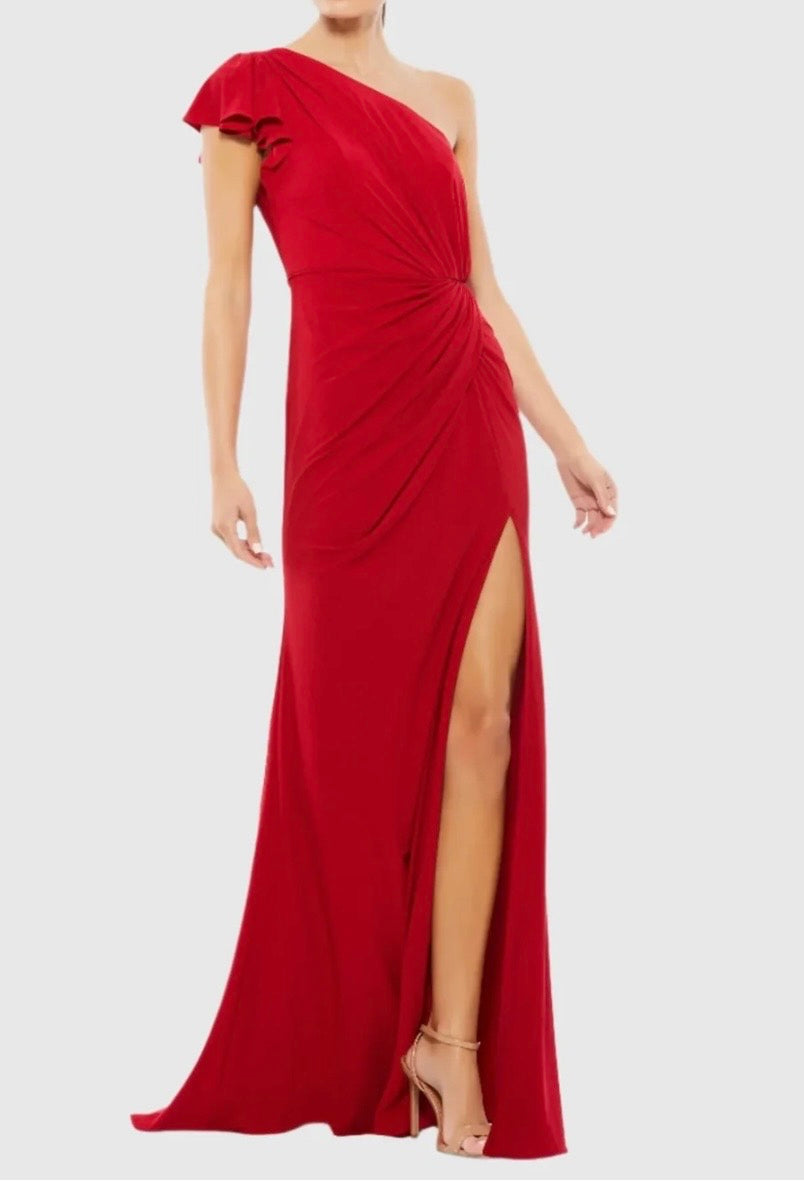 Mac Duggal Red Assymetric Jersey Gown with Thigh Split