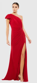 Mac Duggal Red Assymetric Jersey Gown with Thigh Split