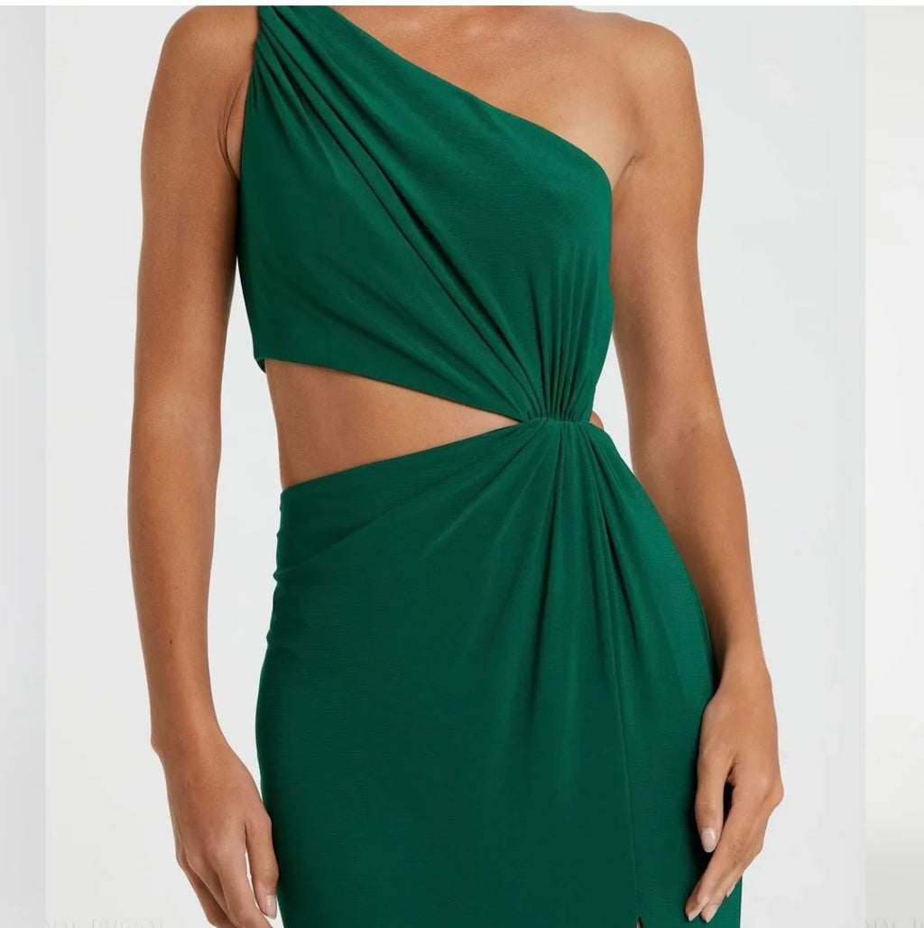 Ieena Mac Duggal Green One Shoulder Cut Out Jersey Gown