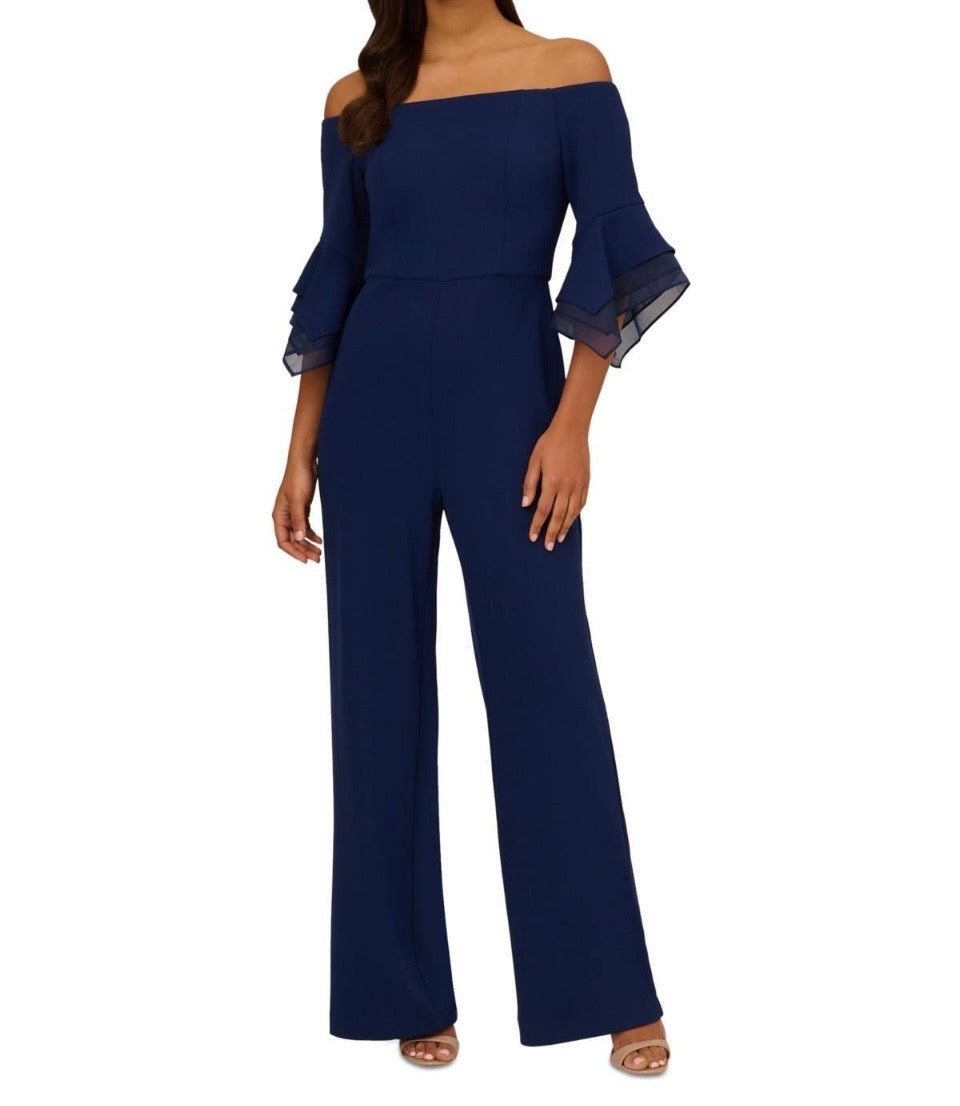 Adrianna Papell Off THe Shoulder Crepe Organza Sleeves