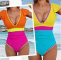Aidonger Women's One Piece Ruffle Swimsuit Tummy Control Bathing Suit V Neck Shell Stitched Swim Suit Slimming Swimwear