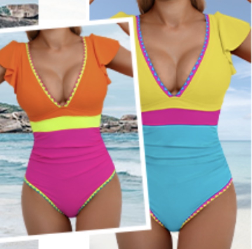 Aidonger Women's One Piece Ruffle Swimsuit Tummy Control Bathing Suit V Neck Shell Stitched Swim Suit Slimming Swimwear