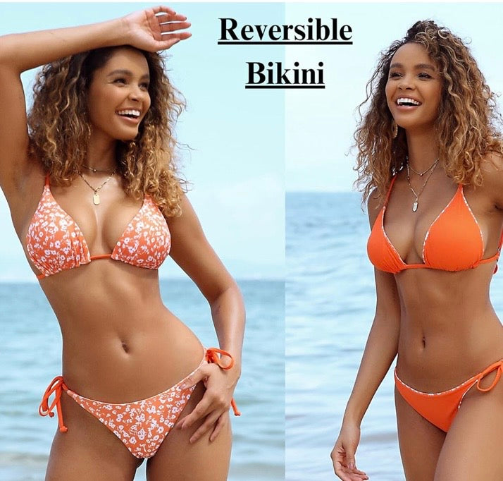 ZAFUL Women's Triangle Bikini Floral String Bikini Set Two Piece Swimsuit Bathing Suits (2-Pumpkin Orange)