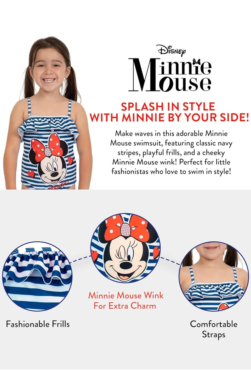 Disney Girls' Minnie Mouse Swimsuit Sparkle Bathing Suit for Kids