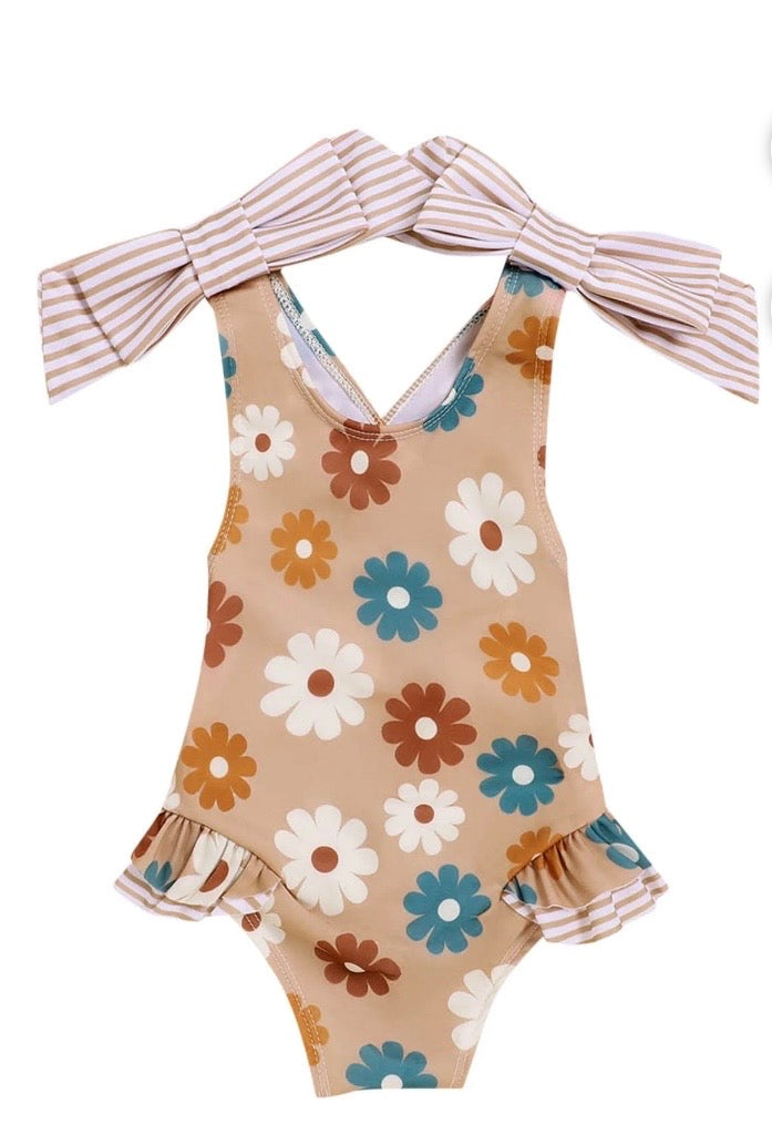 JLFKNG Baby Girls Swimsuit One Piece Fashion Floral Printed Bathing Suit Breathable Slim Fit Backless Pleated Beach Swimwear Comfy Beachwear
