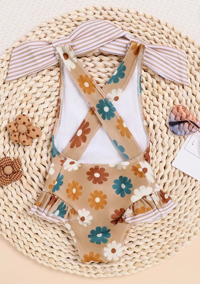 JLFKNG Baby Girls Swimsuit One Piece Fashion Floral Printed Bathing Suit Breathable Slim Fit Backless Pleated Beach Swimwear Comfy Beachwear