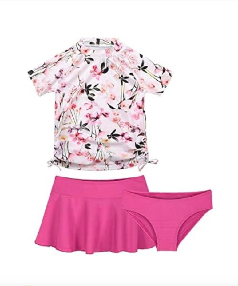 Cadocado Girls Swimsuit Rash Guard Girls' Swimwear Short Sleeve Bathing Suit 3 Pieces Kids Floral Swim Set With Skirt