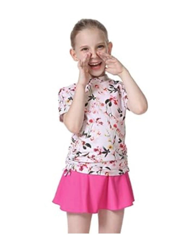 Cadocado Girls Swimsuit Rash Guard Girls' Swimwear Short Sleeve Bathing Suit 3 Pieces Kids Floral Swim Set With Skirt