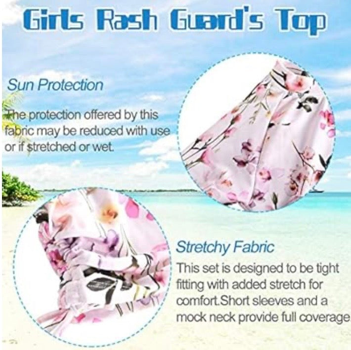 Cadocado Girls Swimsuit Rash Guard Girls' Swimwear Short Sleeve Bathing Suit 3 Pieces Kids Floral Swim Set With Skirt