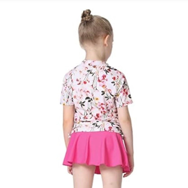 Cadocado Girls Swimsuit Rash Guard Girls' Swimwear Short Sleeve Bathing Suit 3 Pieces Kids Floral Swim Set With Skirt
