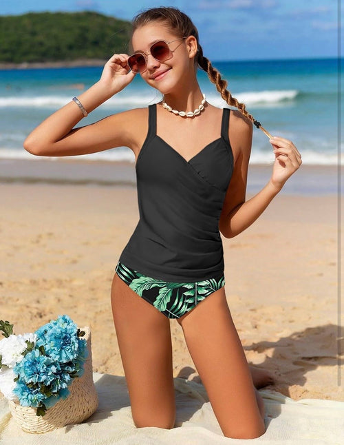 AGAPENG Girls Tankini Swimsuit Twist V Neck Bathing Suit Ruched Girls Swimsuit Two Piece Printed Girls' Swimwear