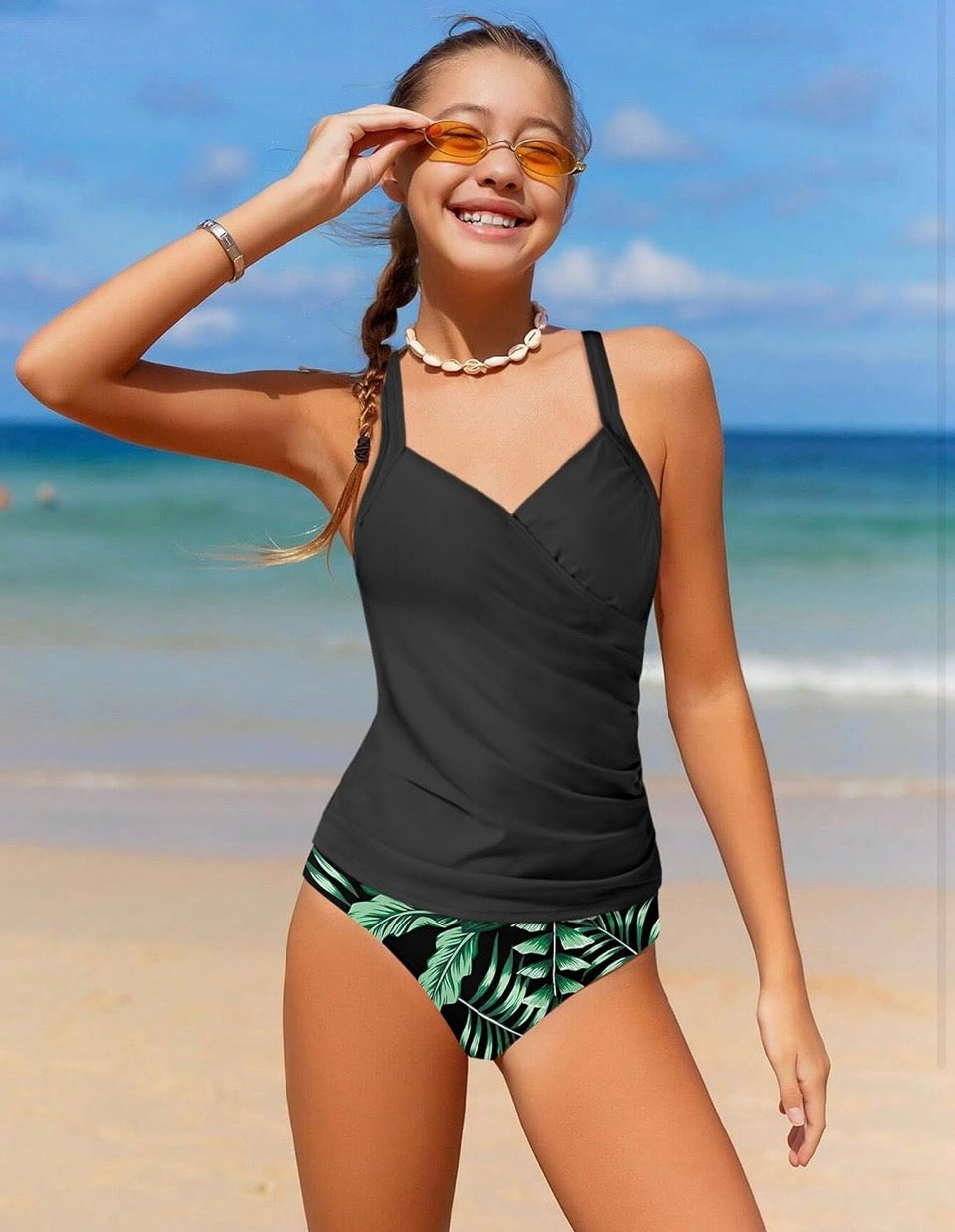 AGAPENG Girls Tankini Swimsuit Twist V Neck Bathing Suit Ruched Girls Swimsuit Two Piece Printed Girls' Swimwear