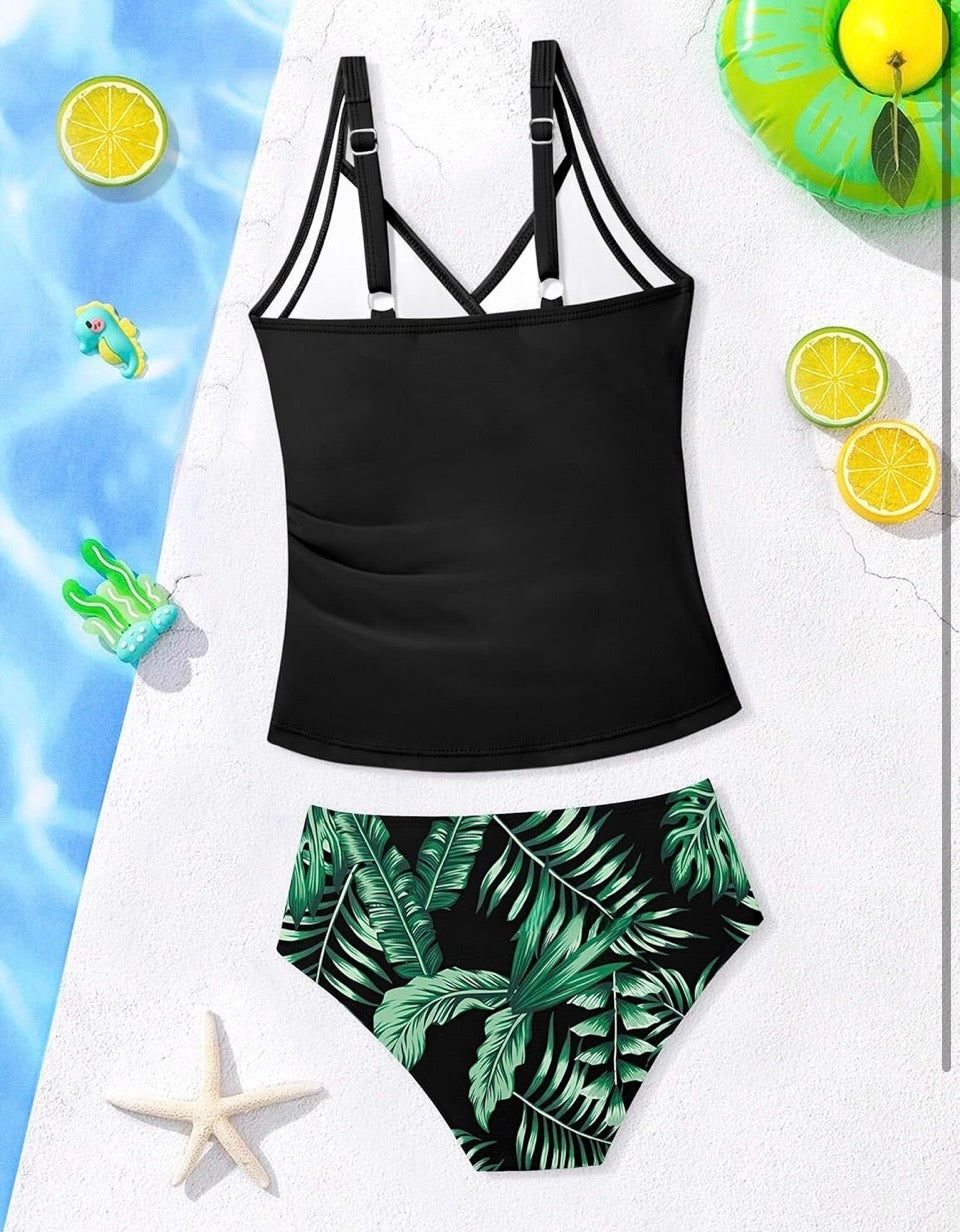 AGAPENG Girls Tankini Swimsuit Twist V Neck Bathing Suit Ruched Girls Swimsuit Two Piece Printed Girls' Swimwear