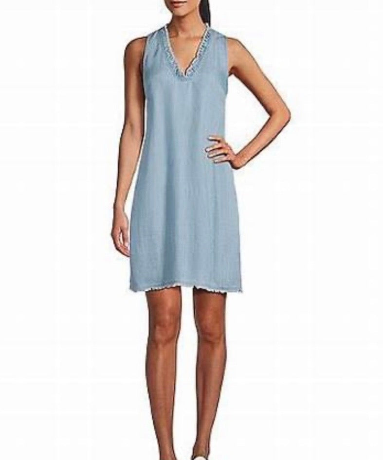 TOMMY BAHAMA Blue Chambray Tencel Ruffled- Frayed V-Neck Casual Shift Dress