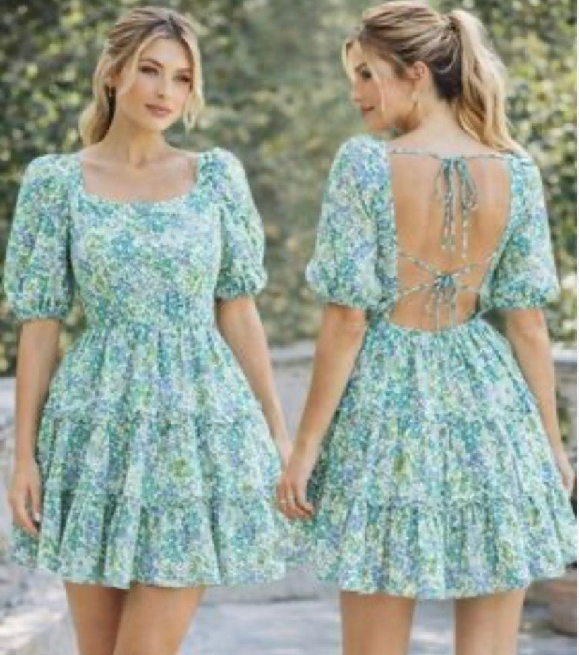 Sky to Moon Puff Sleeved Tie-back Mini Dress