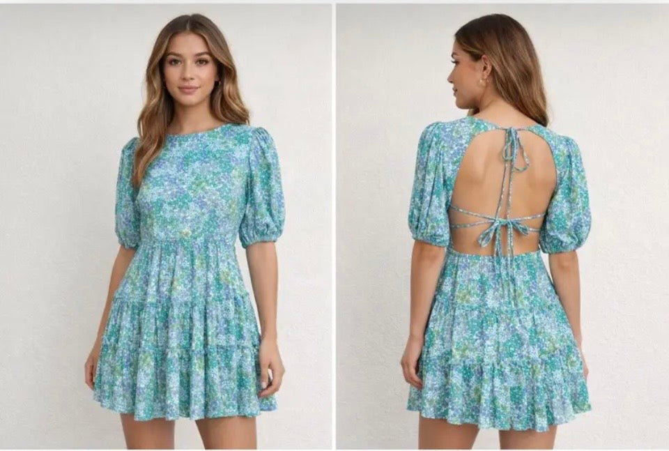 Sky to Moon Puff Sleeved Tie-back Mini Dress