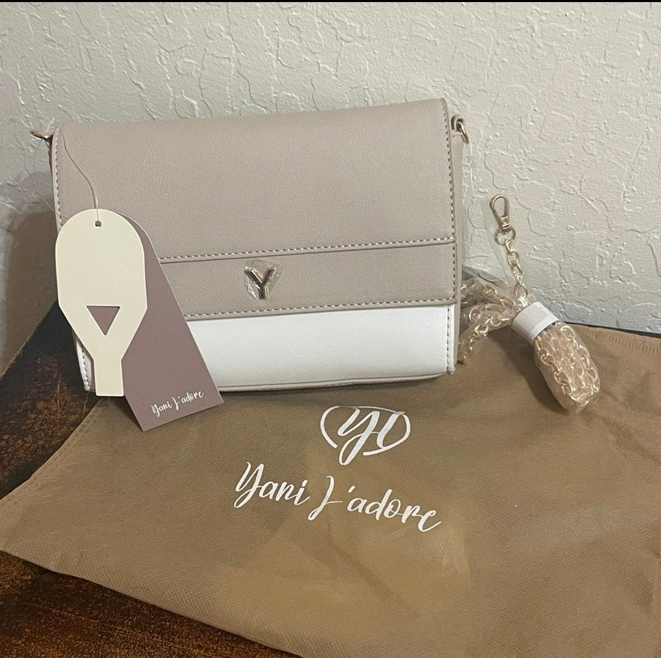 Yani J'adore Beige and White Crossbody Clutch