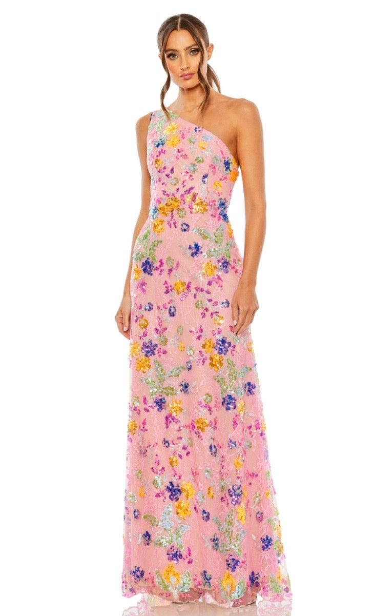 Mac Duggal Asymmetric Floral Sequin Evening Gown