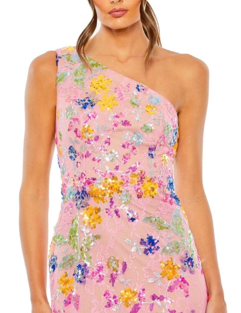 Mac Duggal Asymmetric Floral Sequin Evening Gown