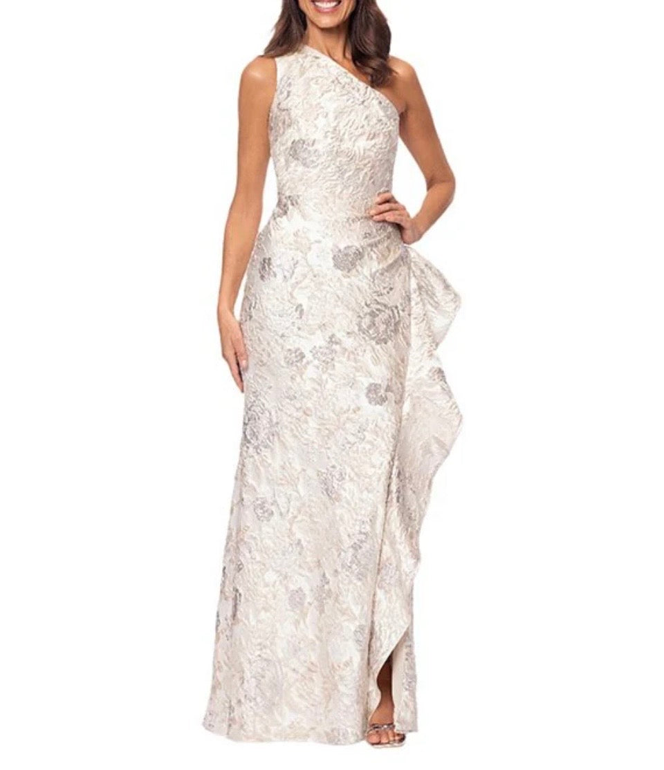 Xscape One Shoulder Cascading Side Ruffle Jacquard Sheath Gown
