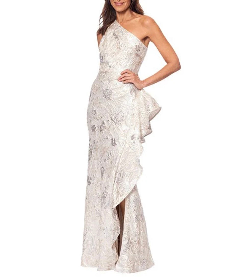 Xscape One Shoulder Cascading Side Ruffle Jacquard Sheath Gown