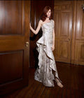 Xscape One Shoulder Cascading Side Ruffle Jacquard Sheath Gown