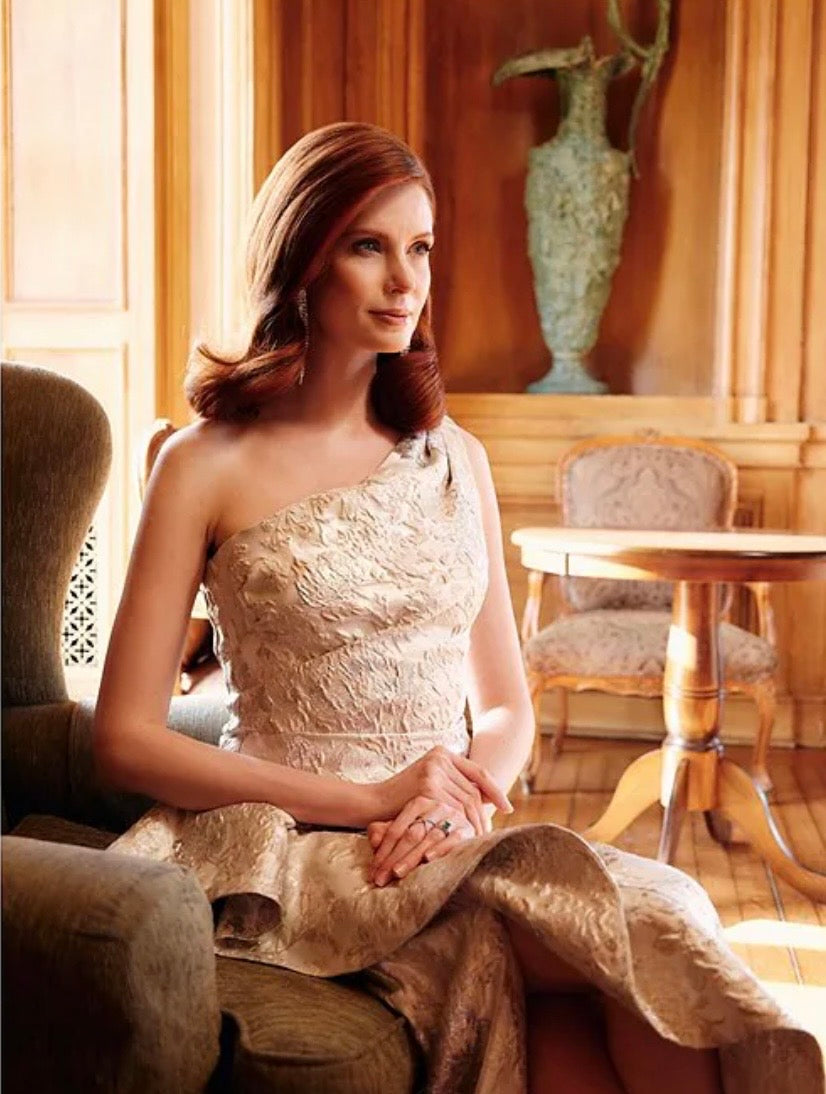 Xscape One Shoulder Cascading Side Ruffle Jacquard Sheath Gown